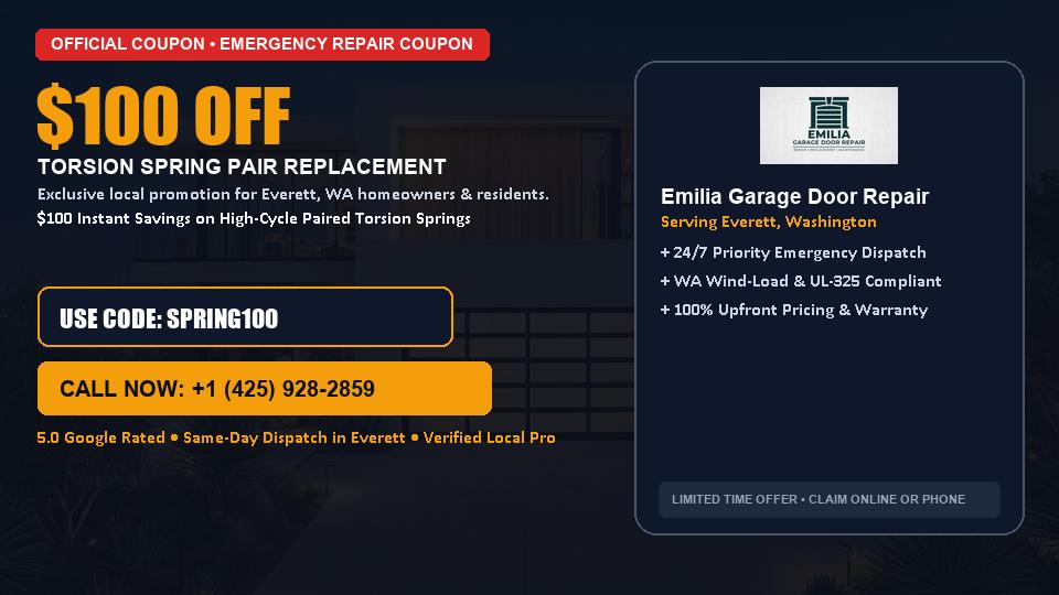 $100 OFF Dual High-Cycle Torsion Spring Replacement in Everett, WA - Emilia Garage Door Repair
