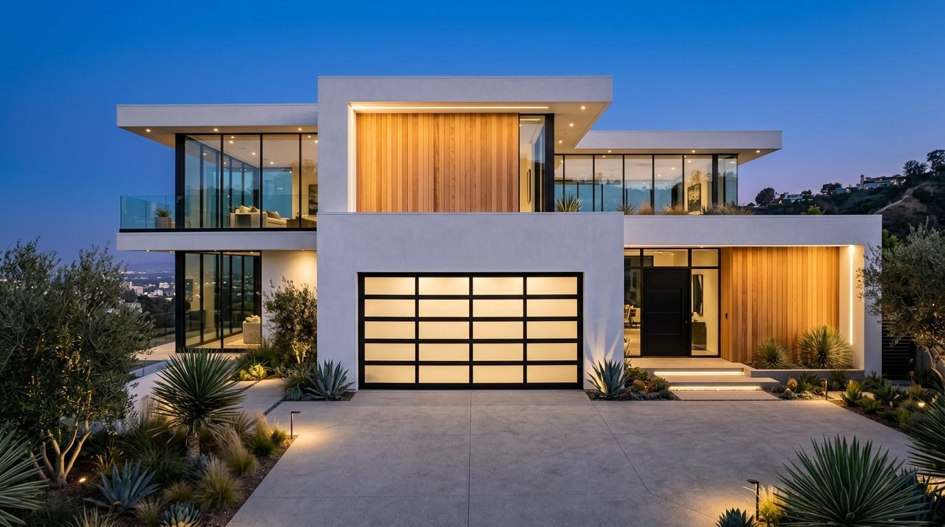 Emilia Garage Door Repair Exterior Closed Garage Door at Twilight